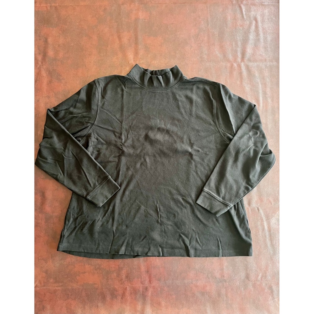 LL Bean Womens 2X Black Mock Neck Long Sleeve Cotton Top 188452